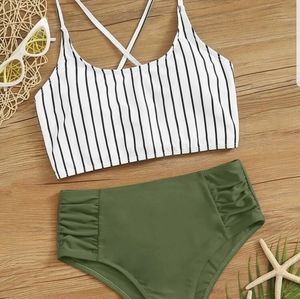Striped high wasted tankini